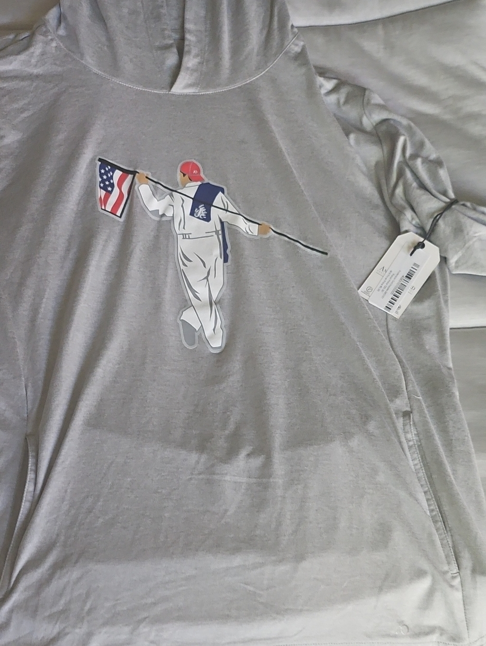 New With Tags AndersonOrd Men's Light Gray Hooded  Sweatshirt with Flag Motif